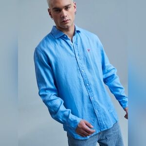 Ushuaia Ibiza Marcelino Lino 100% Linen Button Down Size XL in Blue